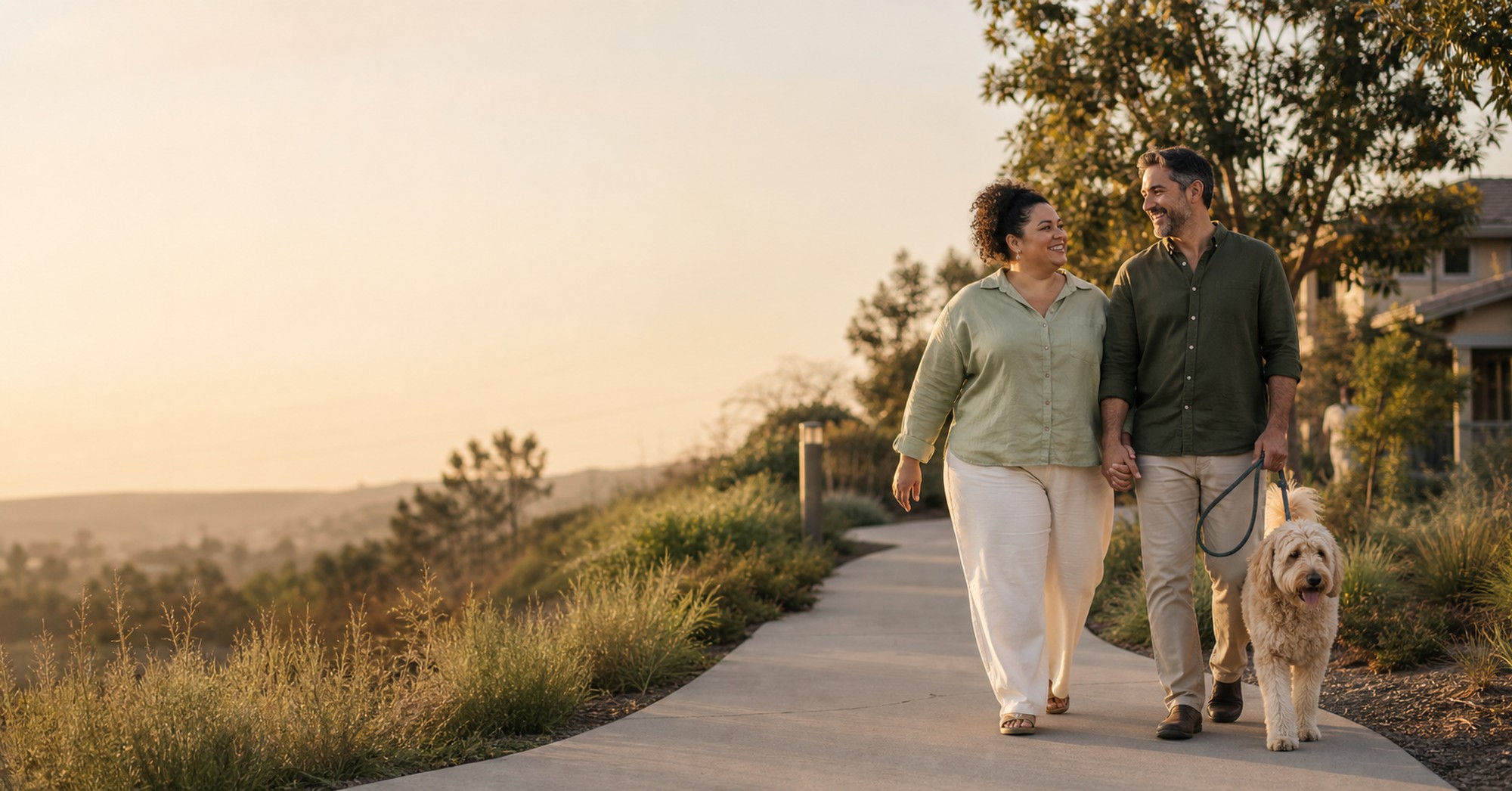 A couple walking a dog along a path at golden hour, talking and smiling.